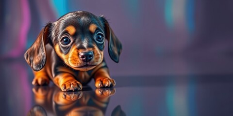 Fototapeta premium A playful tiny dachshund puppy is loosening up and exploring its surroundings in a warm and colorful indoor space, displaying curiosity and charm