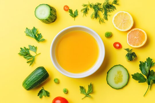 Bright yellow backdrop showcases fresh ingredients surrounding b