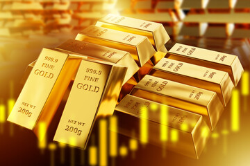 Cream of pure gold. Investment chart near golden bricks. Ingots of precious metal. Gold price growth chart. Golden reserve to avoid inflation. 999 gold is rising in price. 3d image.