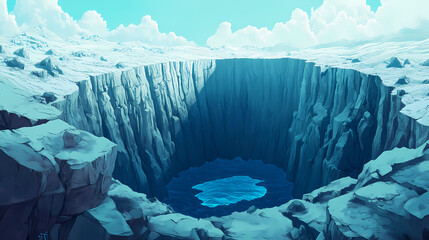 A crevasse in a glacier with a blue hue in the depths. Crevasse. Illustration