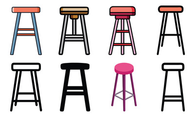 Bar Stool Illustrations in Color and Line Art, Set of eight bar stool illustrations in colorful and black-and-white line art styles, featuring modern and minimalist designs, perfect for furniture and 