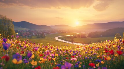 Serene Sunset Over Blooming Meadow and River Valley