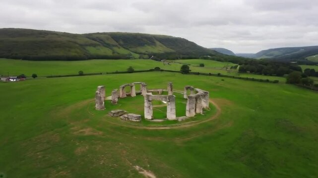 A large stone circle is surrounded by a lush green field. The sky is cloudy, and the field is peaceful and serene