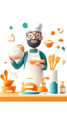 A cheerful chef holds a bowl in a colorful kitchen, surrounded by cooking utensils and ingredients, showcasing a vibrant culinary atmosphere.