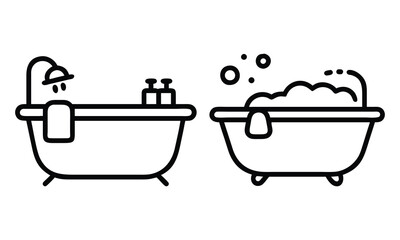 Minimalist Bathtub Line Art with Towels and Bubbles, Set of two black-and-white bathtub illustrations in line art style, featuring towels, bubbles, and faucets, ideal for bathroom or hygiene-themed de