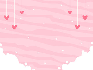 Pink background for valentines day with hearts and abstract lines and clouds