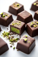 Rich chocolate squares with vibrant green filling, garnished wit