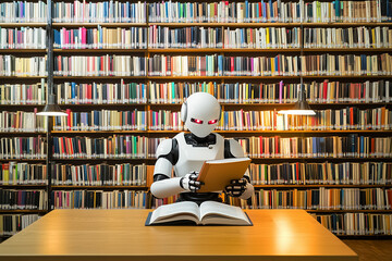 Technology for education concept. A humanoid robot sitting at a sleek modern library table, holding an open book, surrounded by shelves of glowing digital and traditional books. 