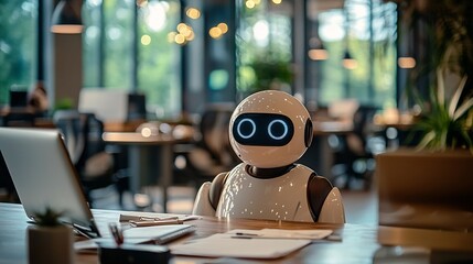 AI powered robotic assistant managing various office tasks organizing schedules and optimizing productivity in a modern tech enabled workspace