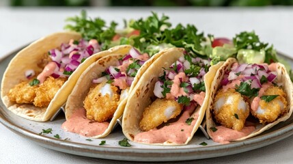 Delicious food photography plate of crispy fish tacos