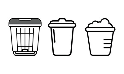 Minimalist Trash Bin Line Art Set, Set of three black-and-white trash bin illustrations in line art style, featuring different designs, ideal for waste management and recycling concepts.
