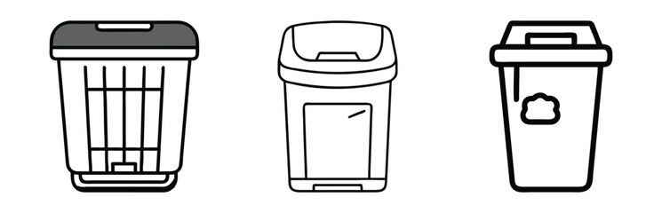 Trash Bin Line Art Illustrations Set, Set of three black-and-white trash bin illustrations in line art style, featuring modern and functional designs, ideal for waste management or recycling themes.
