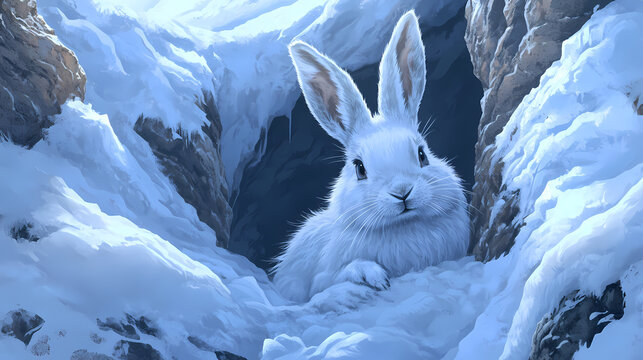 Arctic hare peeking out of crevasse with snow-covered rocks, icy terrain, arctic hare, crevasse. Crevasse. Illustration