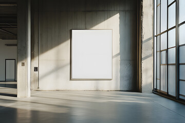 Blank White Presentation Board in an Industrial Warehouse Setting – Minimalist Design and Business Concept