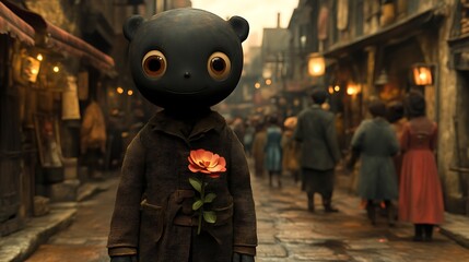 Black bear-like creature holding a rose in a medieval street.