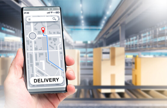 Delivery tracking app on your phone. Parcel conveyors. Phone number to find courier on map. Delivery route in smartphone apps. Logistics technologies. Hand with cellphone in distribution center - Powered by Adobe