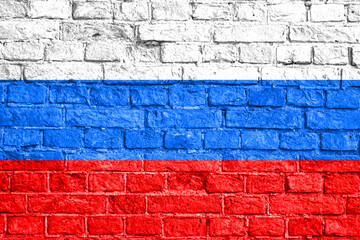 Russian flag on wall. Brick background in colors symbols of Russian federation. Patriotic flag of Russia. National banner of Russian state. State flag of Russia. Backdrop, wallpaper. 3d image