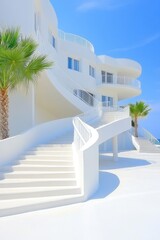 Fototapeta premium Casas blancas con verandas amplias y palmeras en un paisaje soleado