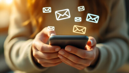 Mobile Email Marketing, Smartphone and Email Icons, Digital Communication, Sending and Receiving Emails on Phone, Smartphone with Floating Email Symbols