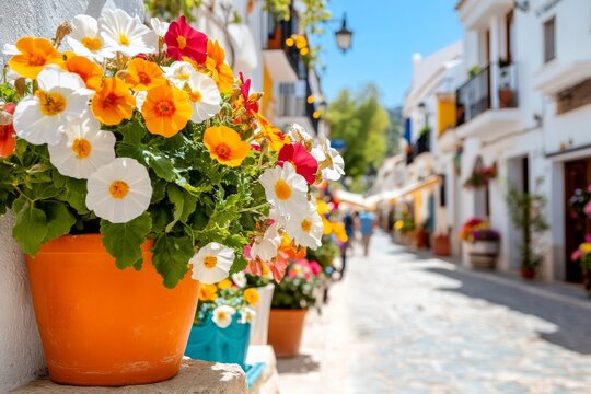Casas andaluzas blancas y coloridos maceteros llenos de flores en una calle de un encantador pueblo