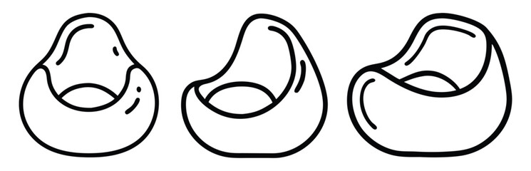 Bean Bag Chair Outline Icons Set, A set of three black-and-white outline icons of bean bag chairs with a minimalist design, perfect for furniture or decor projects.

