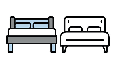 Modern Bed Icon Set with Pillows, A pair of bed vector icons in minimalist and modern styles featuring headboards and pillows, ideal for bedroom and furniture designs.
