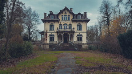 Naklejka premium A large multi-story house is shown from the front in the middle of a grassy property