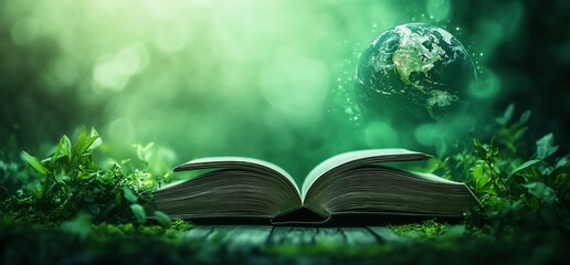 An open book surrounded by greenery with a globe floating above.