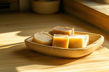 Soft sunlight illuminates artisanal soap bars arranged on unique