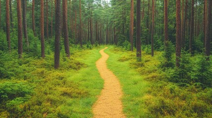 Obraz premium Forest trail with yellow sandy path winding through green moss and tall pine trees, perfect for hiking, nature walks, outdoor adventure, relaxation, scenic background, eco tourism, wellness, tranquil