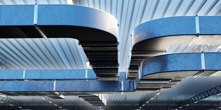 Air-conditioning ducts. Industrial utilities. Steel ventilation shafts under ceiling. Metal pipes under roof. Ventilation engineering communications. Air purification systems at enterprise. 3d image