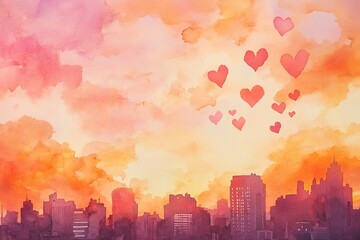 Fototapeta premium Colorful sunset over city skyline with floating hearts, evoking