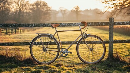 Fototapeta premium Vintage bicycle leaning against a fence in a field at sunset.
