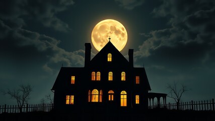 Obraz premium Haunted House Silhouette Full Moon Halloween Background AI Art