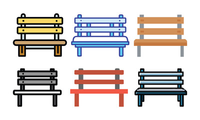 Colorful Park Bench Icon Set, A set of six park bench vector icons in various colors and designs, perfect for outdoor, urban, or furniture-themed projects.
