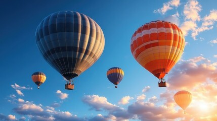 Fototapeta premium Colorful hot air balloons floating, vibrant sunset sky, outdoor adventure, festival celebration, travel inspiration, serene atmosphere, blue sky clouds panorama background image