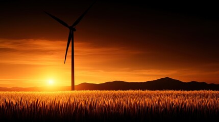 Obraz premium Silhouette of wind turbine in sunset field.