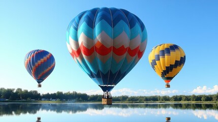 Fototapeta premium Colorful hot air balloons floating, reflecting on calm lake water, perfect for travel, adventure, summer vacation, clear blue sky background with serene nature landscape, bright sunny day event image