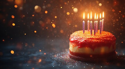 Festive birthday cake with lit candles and bokeh lights.