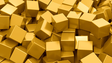 Gold background. Bunch of shiny cubes. Volumetric squares made of precious metal. Golden decorations. Luxury background. Gold cubes. Tour for precious metal. Golden wallpaper. 3d image