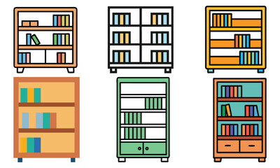 Bookshelf Vector Icon Collection in Various Styles, A set of six bookshelf icons featuring colorful books and diverse designs, perfect for library, office, or home organization projects.
