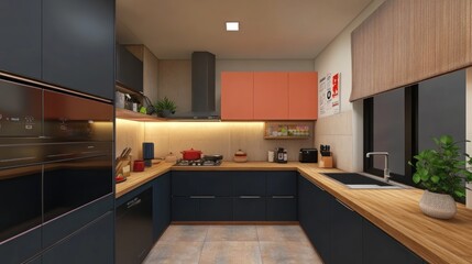 Modern L-shaped kitchen with dark blue cabinets, orange accents, wood countertops, and integrated appliances.