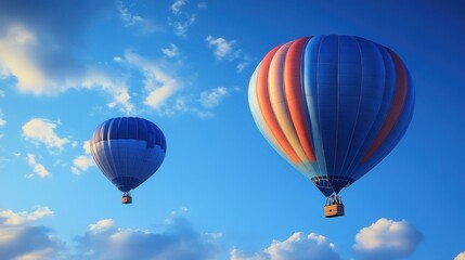 Fototapeta premium Colorful hot air balloons floating in bright blue sky with fluffy white clouds, perfect for travel, adventure, freedom, vacation, and outdoor lifestyle themes, inspiring excitement and exploration at