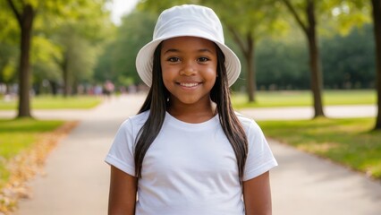 Little black girl wearing white t-shirt and white bucket hat standing in the park