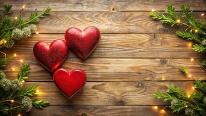 A pair of red hearts in a wooden arrangement with a subtle floral pattern and greenery on either side, surrounded by a soft