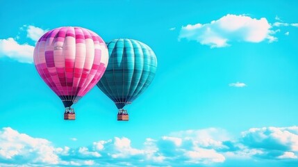 Naklejka premium Mlops heic Mental coach NFT Marketing Markdown Thumbnail Telegram channel Togetherall Helium 10 Dezgo Two colorful hot air balloons with pink and blue stripes flying over white clouds on bright sky, 