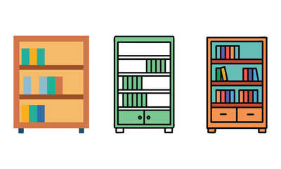 Bookshelf Icon Set in Various Styles, Vector illustrations of three different bookshelf designs, showcasing colorful books and storage options, ideal for office or home themes.
