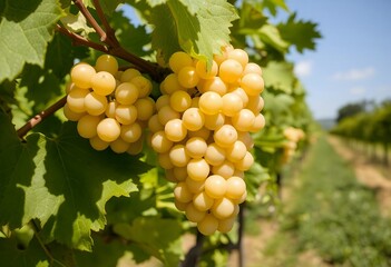 Ripe Yellow Grapes Hanging on Vine in Sunny Vineyard