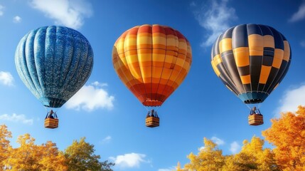 Fototapeta premium Three colorful hot air balloons blue orange black flying autumn sky perfect festival adventure travel landscape clouds tourism vibrant seasonal trees scenic view