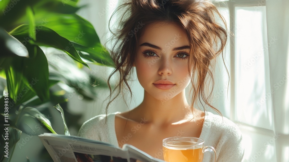 Wall mural Attractive Young Woman Relaxing at Home with a Magazine and Tea